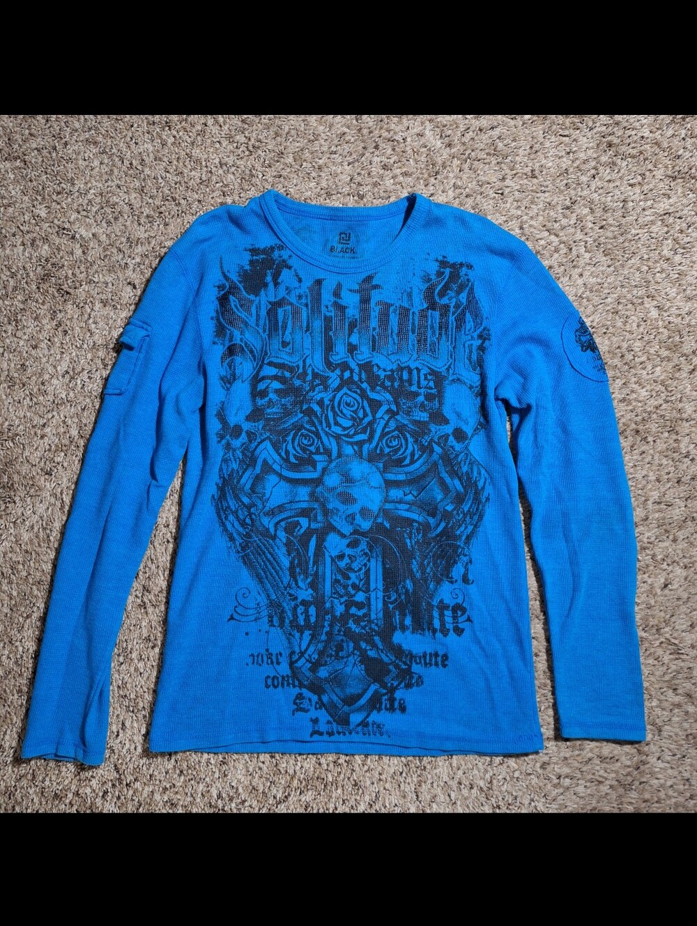 Vintage CJ Black Blue Y2K Cyber Grunge Waffle Knit Thermal - Size L